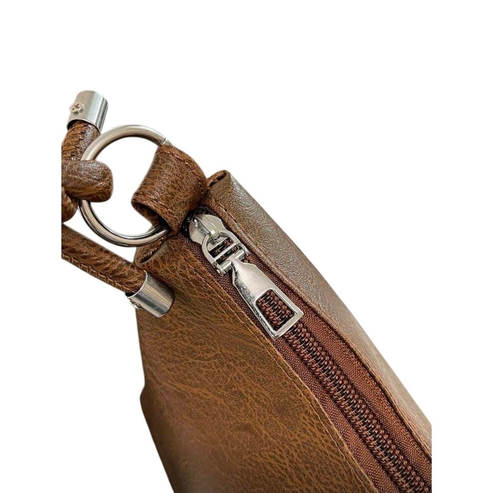 Brown Faux Leather Shoulder Bag Hobo Style Knot Detail Top Zip Closure - Picture 4 of 8